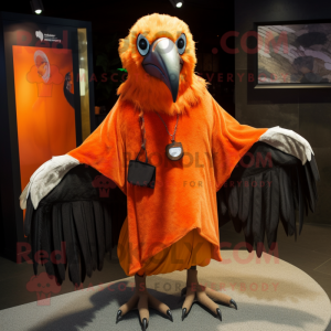 Orange Vulture mascot costume character dressed with a Wrap Skirt and Lapel pins