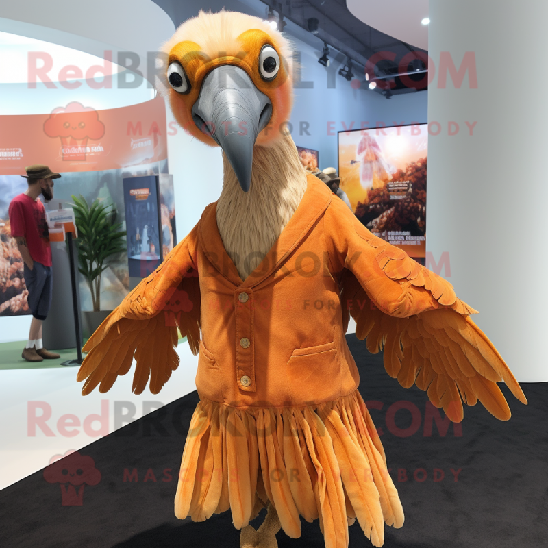 Orange Vulture mascot costume character dressed with a Wrap Skirt and Lapel pins