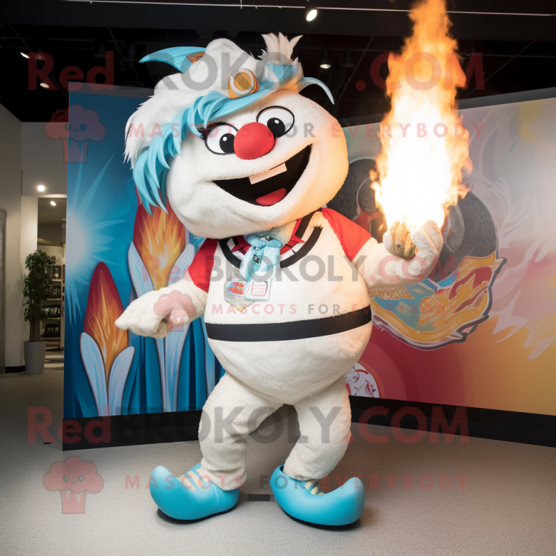 White Fire Eater mascot costume character dressed with a Bermuda Shorts and Wraps