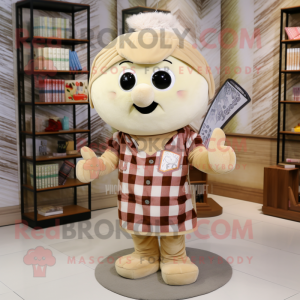 Beige Candy Box mascot costume character dressed with a Flannel Shirt and Shawl pins