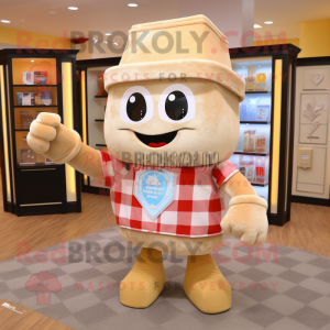 Beige Candy Box mascot costume character dressed with a Flannel Shirt and Shawl pins