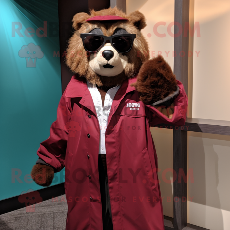 Maroon Spectacled Bear mascot costume character dressed with a Windbreaker and Pocket squares