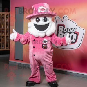 Pink Bbq Ribs mascot costume character dressed with a Button-Up Shirt and Hat pins