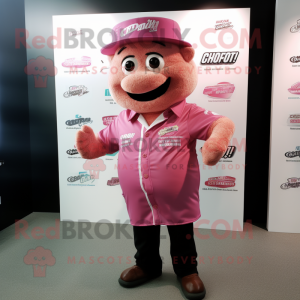 Pink Bbq Ribs mascot costume character dressed with a Button-Up Shirt and Hat pins