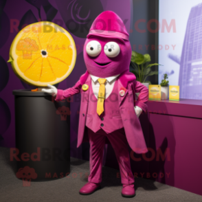 Magenta Lemon mascot costume character dressed with a Coat and Lapel pins