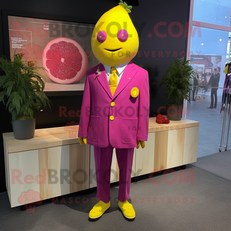 Magenta Lemon mascot costume character dressed with a Coat and Lapel pins