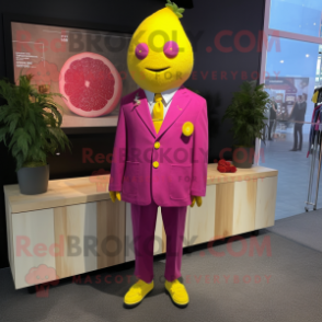 Magenta Lemon mascot costume character dressed with a Coat and Lapel pins