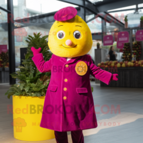 Magenta Lemon mascot costume character dressed with a Coat and Lapel pins