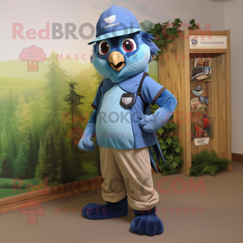 Olive Blue Jay mascot costume character dressed with a Overalls and Headbands