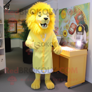 Lemon Yellow Tamer Lion mascot costume character dressed with a Empire Waist Dress and Tie pins