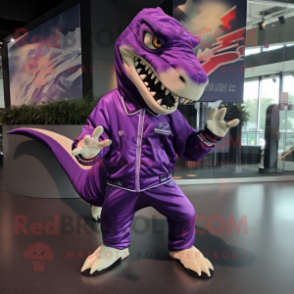 Purple Allosaurus mascot costume character dressed with a Windbreaker and Foot pads