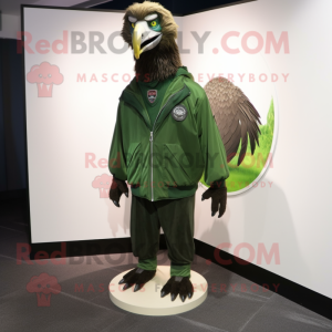 Forest Green Vulture mascot costume character dressed with a Jacket and Shoe clips