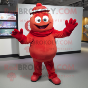 Red Momentum mascot costume character dressed with a Sweater and Gloves