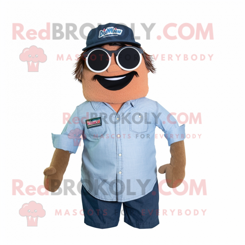 Navy Moussaka mascot costume character dressed with a Chambray Shirt and Sunglasses