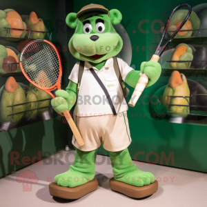 Forest Green Tennis Racket mascot costume character dressed with a Chinos and Suspenders