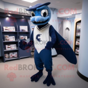 Navy Pterodactyl mascot costume character dressed with a Baseball Tee and Clutch bags