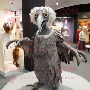 Gray Vulture mascot costume character dressed with a Mini Dress and Brooches