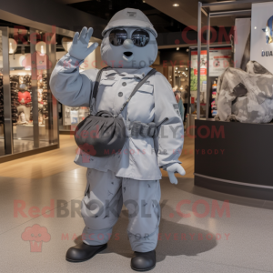 Gray American Soldier mascot costume character dressed with a Poplin Shirt and Handbags