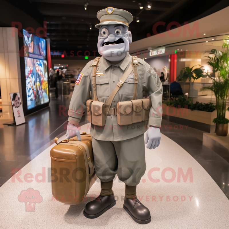 Gray American Soldier mascot costume character dressed with a Poplin Shirt and Handbags