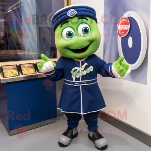 Navy Pesto Pasta mascot costume character dressed with a Windbreaker and Bracelet watches