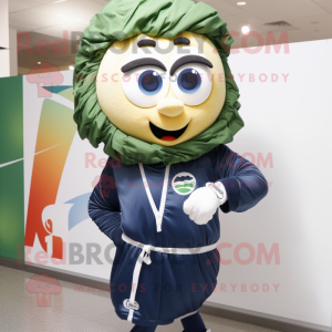 Navy Pesto Pasta mascot costume character dressed with a Windbreaker and Bracelet watches