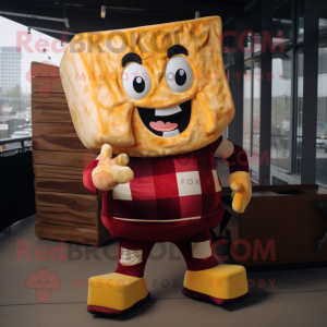 Maroon Grilled Cheese Sandwich mascot costume character dressed with a Flannel Shirt and Foot pads