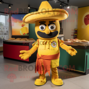 Yellow Fajitas mascot costume character dressed with a Polo Tee and Cummerbunds