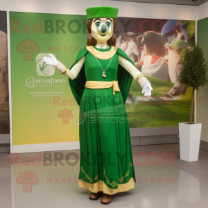 Olive Irish Flag mascot costume character dressed with a Empire Waist Dress and Necklaces