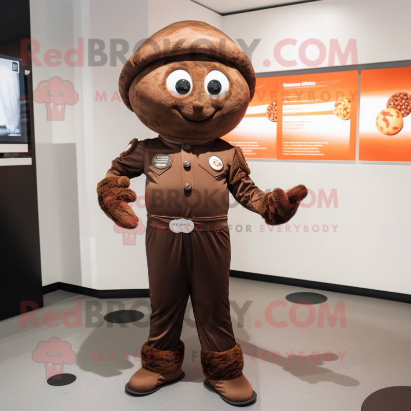 Brown Apricot mascot costume character dressed with a Jumpsuit and Belts