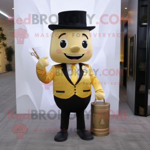 Gold Scented Candle mascot costume character dressed with a Suit Pants and Messenger bags