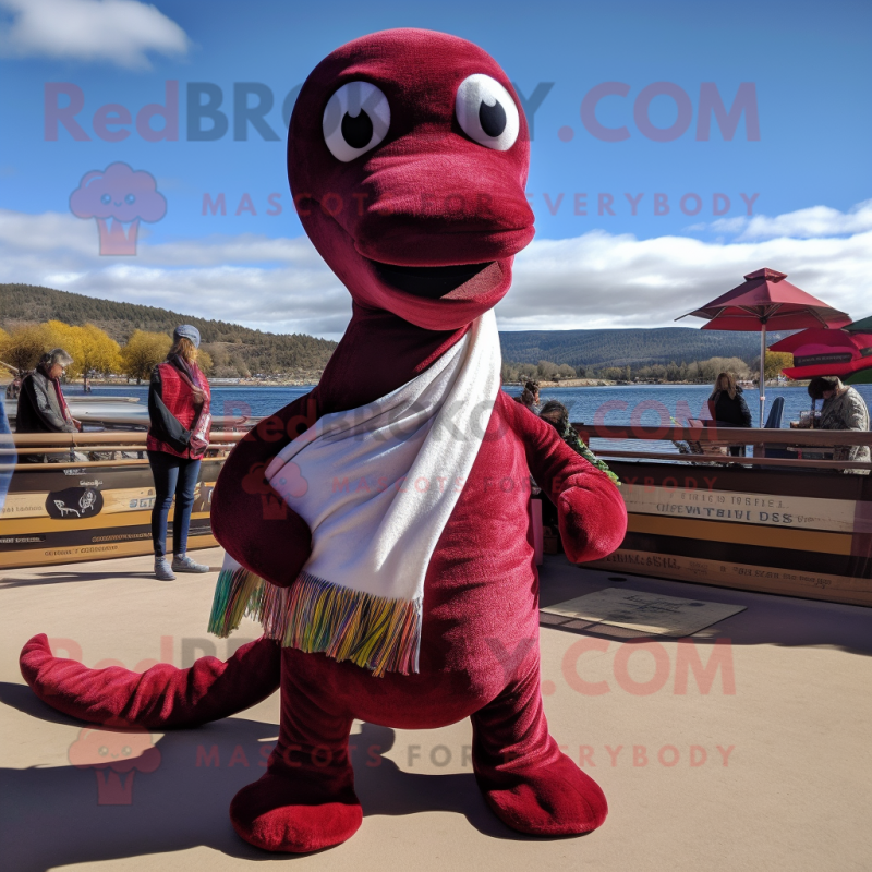 Maroon Loch Ness Monster mascot costume character dressed with a Wrap ...