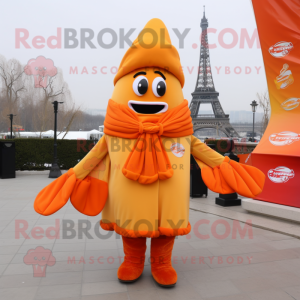 Orange French Fries mascot costume character dressed with a Parka and Shawls