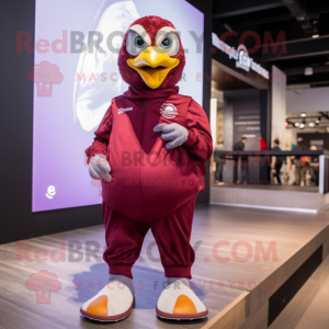 Maroon Pigeon mascot costume character dressed with a Playsuit and Shoe laces