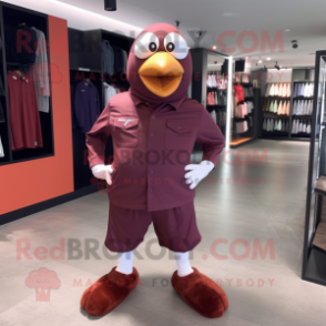 Maroon Pigeon mascot costume character dressed with a Playsuit and Shoe laces