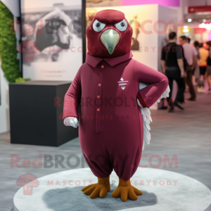 Maroon Pigeon mascot costume character dressed with a Playsuit and Shoe laces