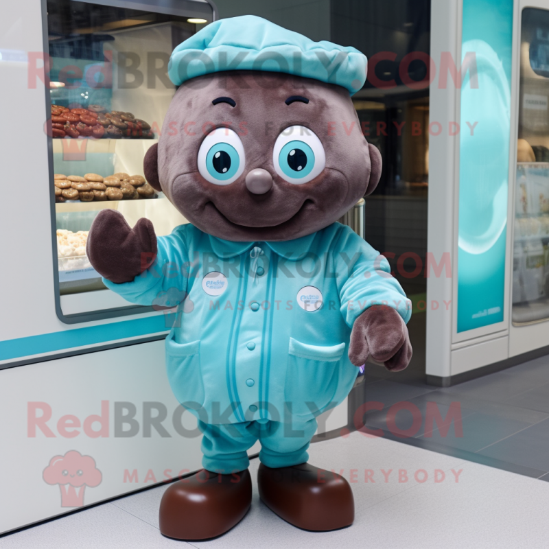 Cyan Chocolates mascot costume character dressed with a Coat and Headbands