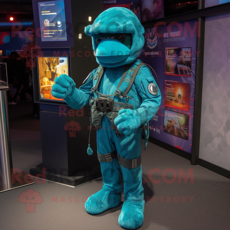 Turquoise Special Air Service mascot costume character dressed with a Bootcut Jeans and Necklaces