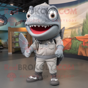 Gray Salmon mascot costume character dressed with a Leggings and Foot pads