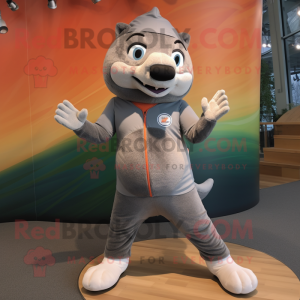 Maroon Salmon mascot costume character dressed with a Capri Pants and Tie  pins