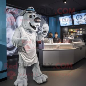 Silver Steak mascot costume character dressed with a Cover-up and Watches