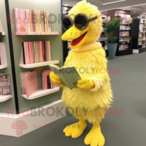 Lemon Yellow Flamingo mascot costume character dressed with a Cover-up and Reading glasses