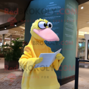Lemon Yellow Flamingo mascot costume character dressed with a Cover-up and Reading glasses