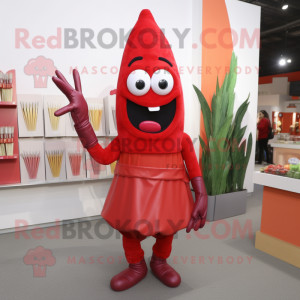 Red Asparagus mascot costume character dressed with a Pencil Skirt and Gloves