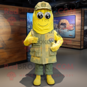 Lemon Yellow Marine Recon mascot costume character dressed with a Mom Jeans and Shawl pins