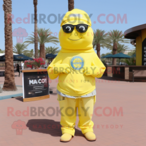 Lemon Yellow Marine Recon mascot costume character dressed with a Mom Jeans and Shawl pins