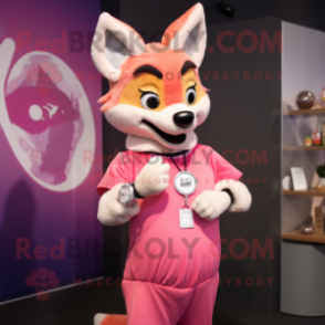 Pink Dingo mascot costume character dressed with a Shift Dress and Bracelet watches