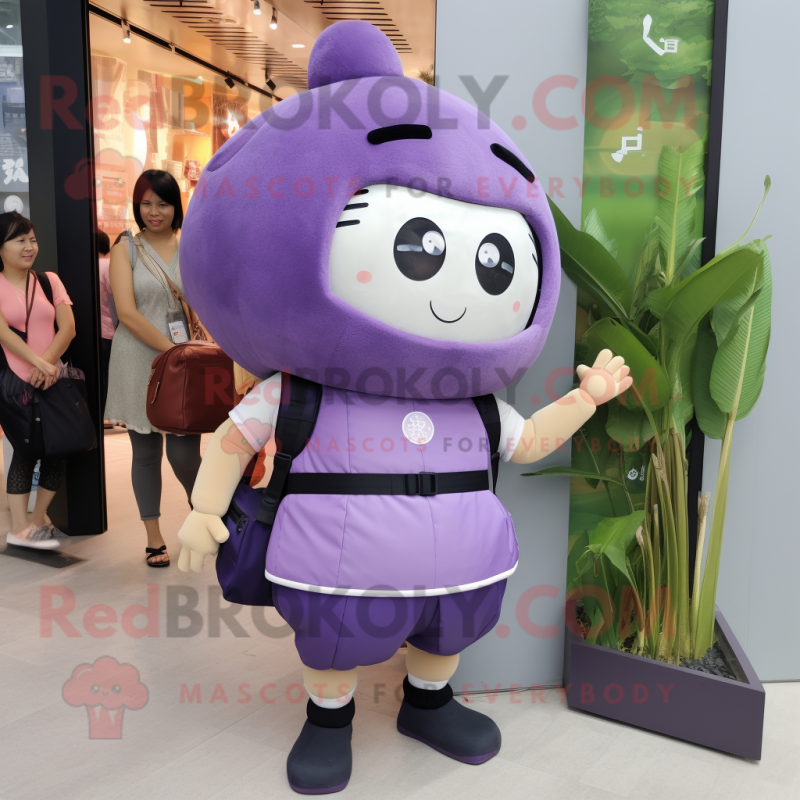 Purple Dim Sum mascot costume character dressed with a Pencil Skirt and Backpacks