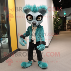 Cyan Lemur mascot costume character dressed with a Suit Pants and Shoe clips