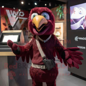 Maroon Vulture mascot costume character dressed with a V-Neck Tee and Wallets