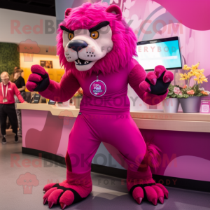 Magenta Smilodon mascot costume character dressed with a Leggings and Bracelets